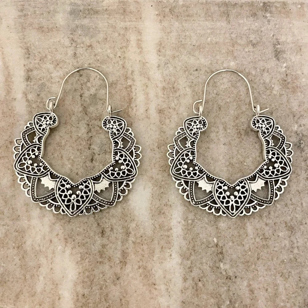 925 Sterling Silver Ethnic Boho Hoop Earrings Large Silver Hoop Vintage Earrings